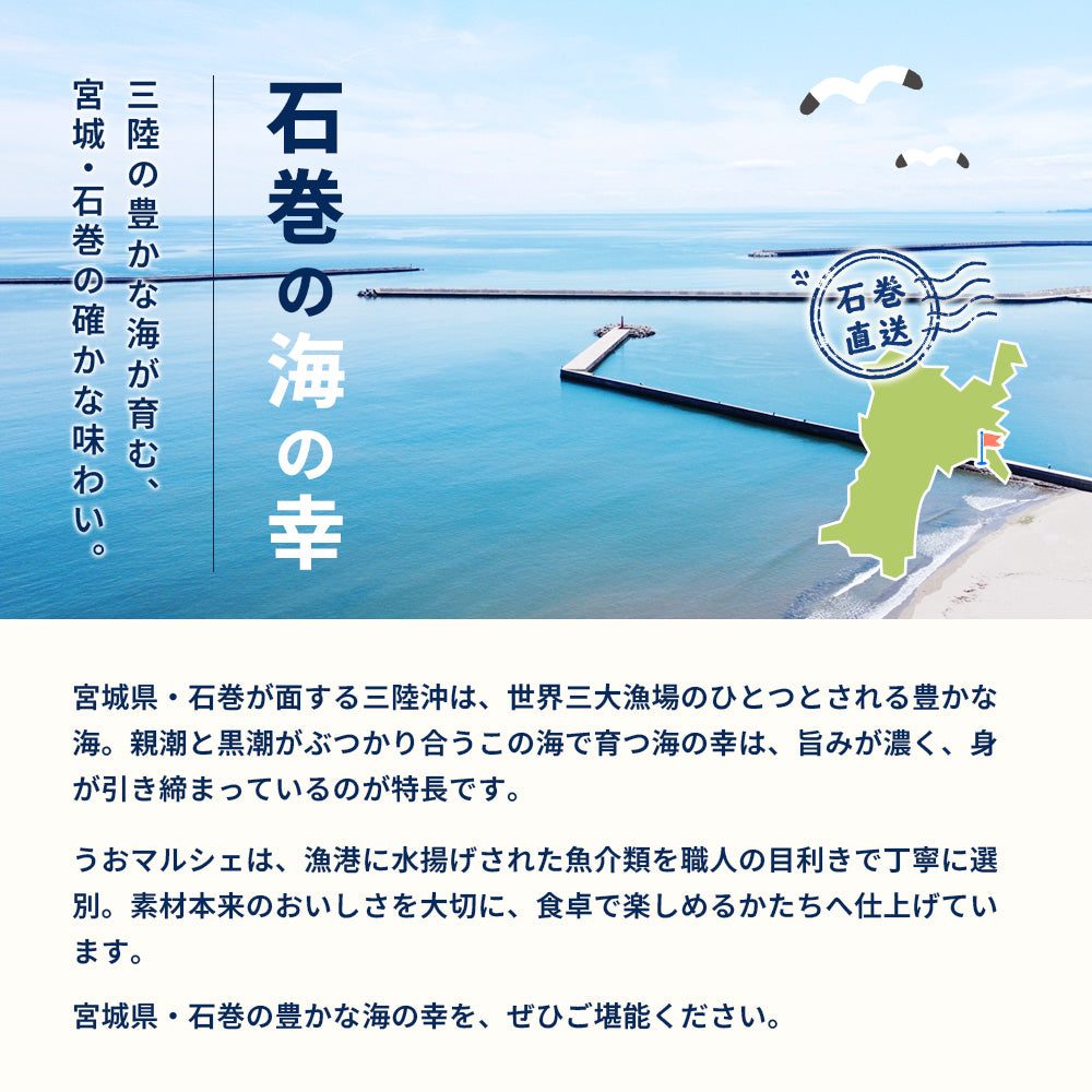 石巻の海の幸を紹介するうおマルシェの商品案内